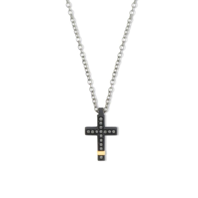 Collana con Croce in Titanio Nero, Oro Rosso e Diamanti Black